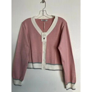 NWT Grace Karin Womens Button Down V-Neck Long Sleeve Cropped Sweater Pink 2XL
